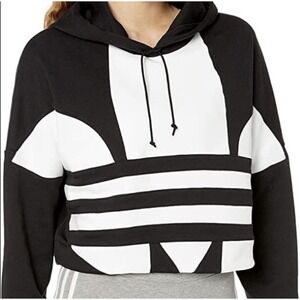 Adidas Women' Big Logo Crop Hood Black Run Casual Sweatshirt Size Large #FS1314